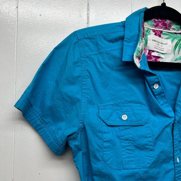Paper Denim & Cloth Button Down Short Sleeve Women's Blue Shirt Size Medium Slim - Picture 5 of 13
